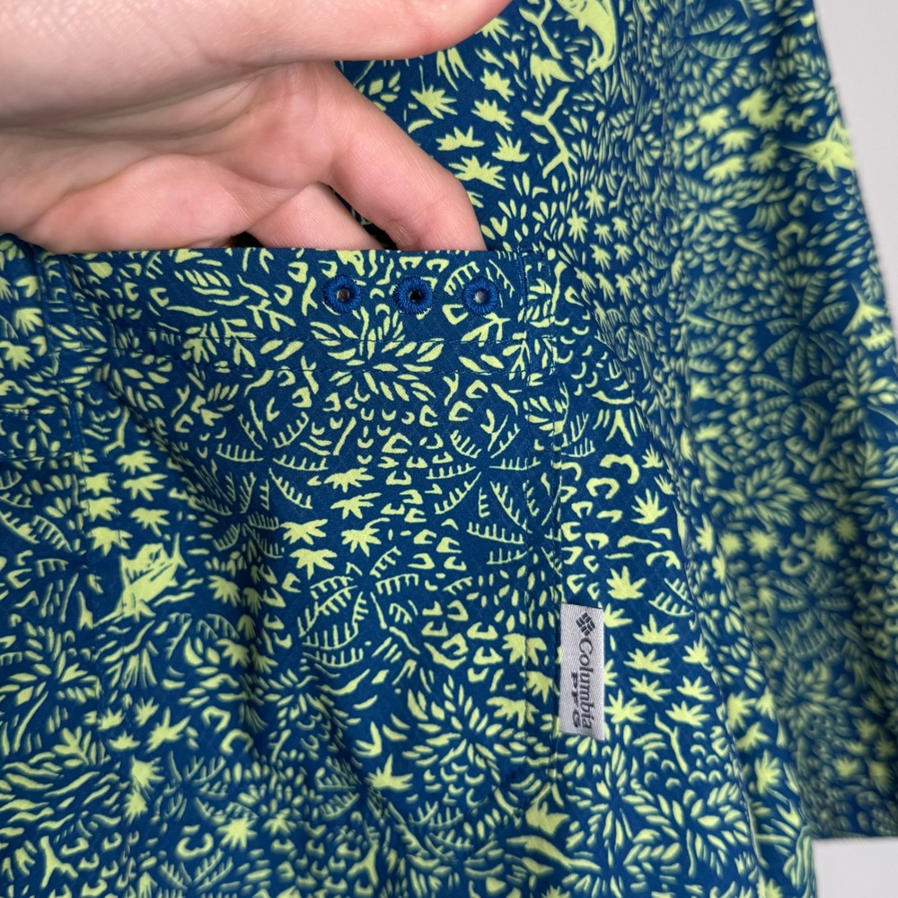 Columbia PFG Size L Omni-Shade Blue Lime  Fish Print Short Sleeve Fishing Shirt - Picture 9 of 9